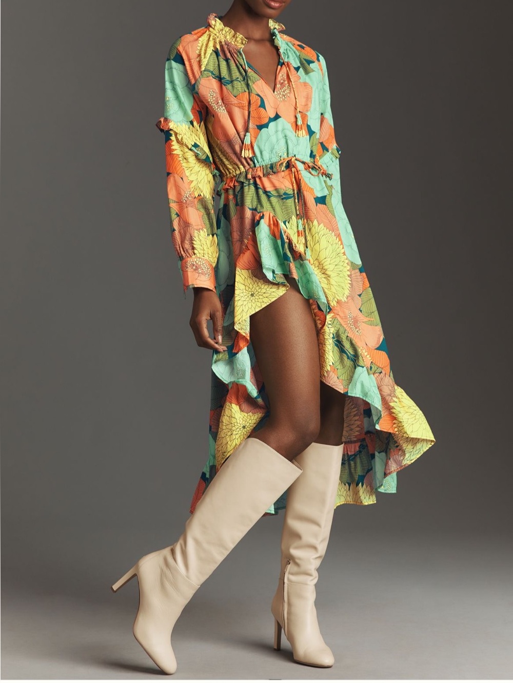 Farm Rio Long-Sleeve Floral Asymmetrical Midi Dress, 100% Cotton, size M